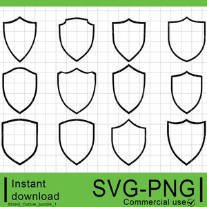 May include: A set of 12 black and white shield outlines. The shields are in various shapes and sizes. The shields are perfect for adding a touch of medieval flair to your designs.