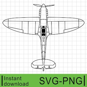 Könnte beinhalten: Eine Schwarzweiß-Zeichnung eines Vintage-Flugzeugs, einer Spitfire, von oben betrachtet. Das Flugzeug hat einen Propeller, Flügel und einen Schwanz.