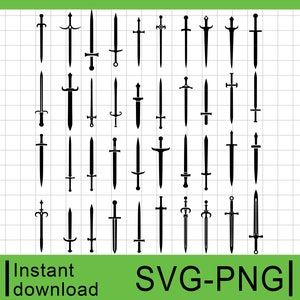 May include: A set of 36 black and white sword silhouette SVG and PNG digital files. The swords are various styles, including broadswords, daggers, and longswords.