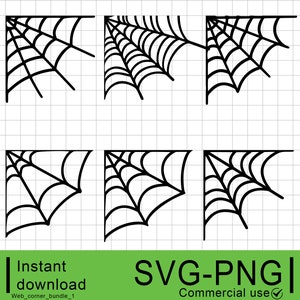 May include: Set of six black and white spider web corner designs. Each design features a different angle of a spider web corner.