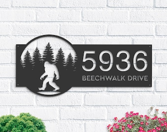 Personalized Bigfoot Sasquatch forest Metal Address Sign House number Hanging Address Plaque Yard Sign Outdoor Sign Garden Stake