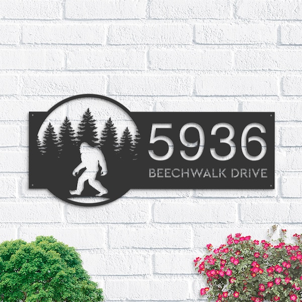 Personalized Bigfoot Metal Address Sign, Forest House Number Plaque