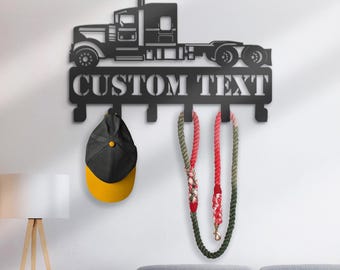 Personalized Semi Truck Metal Wall Coat Hanger, Dog Leash & Keys Holder