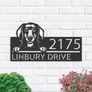 Personalized Dachshund dog, Puppy Metal Address Sign House number Hanging Address Plaque Yard Sign Outdoor decor Garden Stake