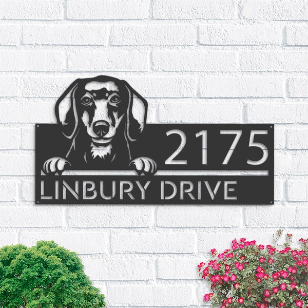 Personalisierte Dackel Hund, Welpe Metall Adressschild Hausnummer hängende Adresse Plakette Yard Sign Outdoor Dekor Garten Pfahl