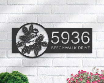 Personalized Titmouse Bird Metal Address Sign, Custom House Number Plaque