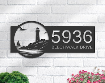 Personalized Lighthouse Metal Address Sign | Hanging Address Plaque