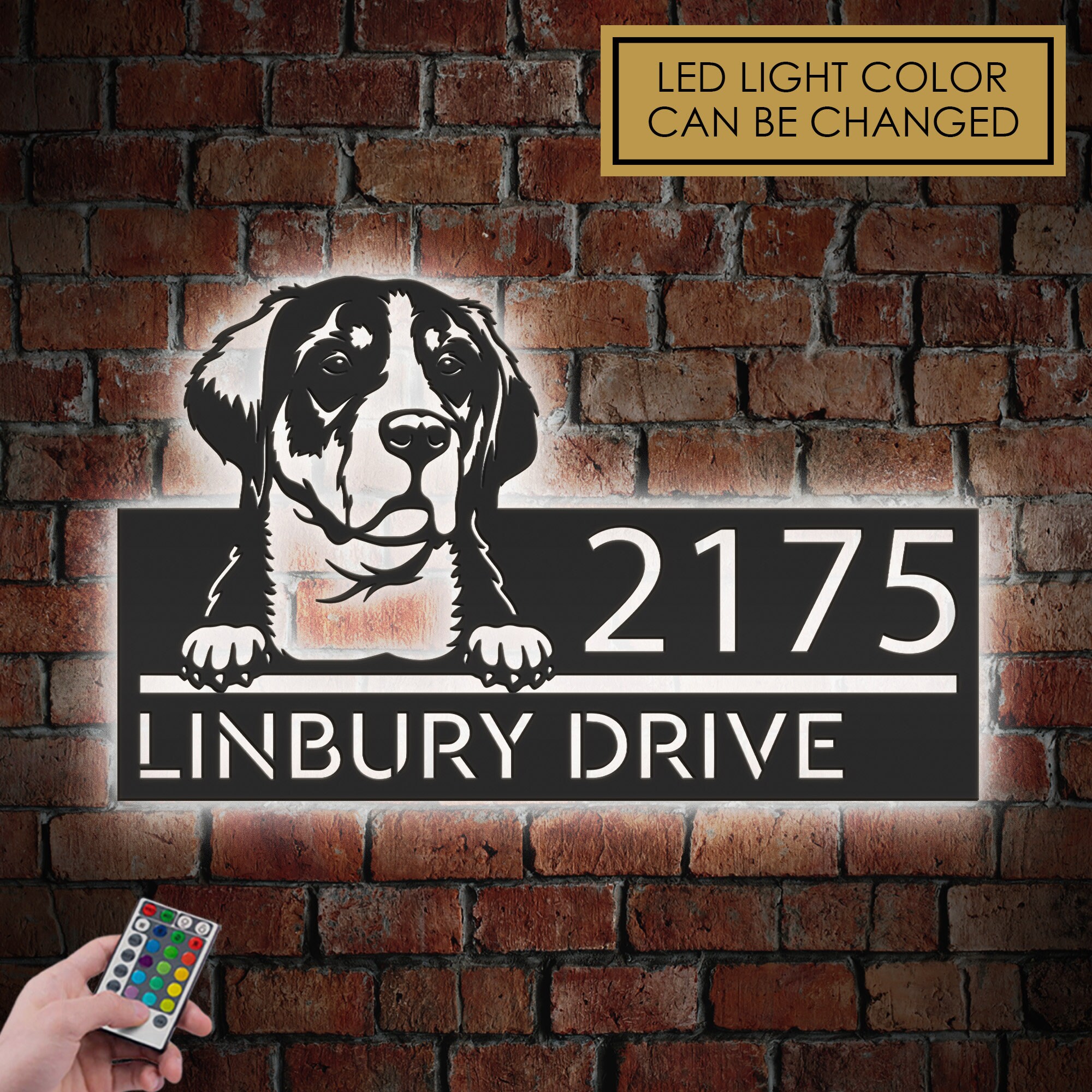 Personalized peeking Great swiss mountain dog, cute puppy Metal Address Sign With LED lights House number Hanging Address Plaque