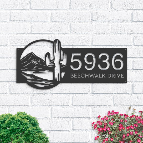 Personalized Cactus mountain scene wild life Metal Address Sign House Number, Hanging Address Plaque | Yard Sign, Outdoor Sign| Garden Stake