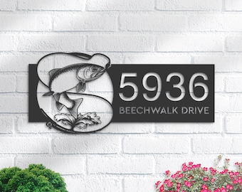 Personalized Trout fishing rod bait hook Metal Address Sign House number Hanging Address Plaque Yard Sign Outdoor Sign Garden Stake