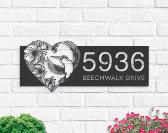 Personalized Hummingbird Metal Address Sign | Heart Floral Plaque