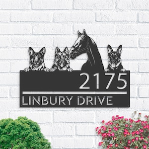 Letrero de dirección metálico personalizado con pastor alemán y caballo