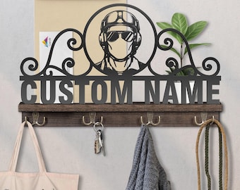 Personalized Pilot Wooden Key & Mail Holder: Wall Organizer with 4 Double Hooks