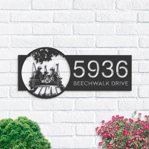 Personalized Father, mom and daughter fishing Metal Address Sign Custom House number Hanging Address Plaque Yard Sign, Outdoor Garden Stake