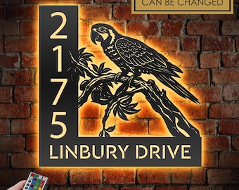 Personalized Parrot LED Address Sign - Custom Metal House Number Plaque