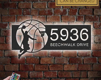 Personalized Basketball player Metal Address Sign With LED lights House number Hanging Address Plaque