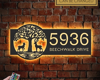 Personalized Metal Address Sign: Leafy Tree, Deer Scene, LED Lights