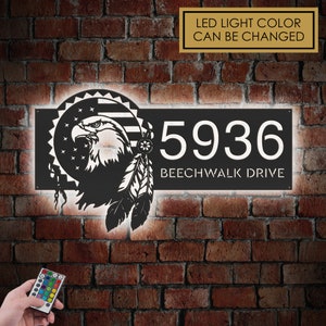 Personalized Eagle american flag Metal Address Sign With LED lights House number Hanging Address Plaque