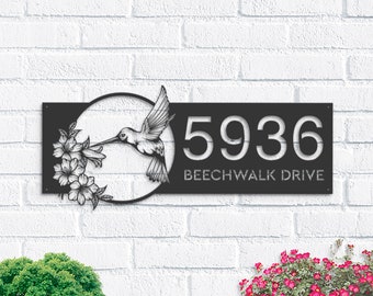 Personalized Hummingbird Floral Wreath Metal Address Sign House number Hanging Address Plaque | Yard Sign, Outdoor Sign | Garden Stake