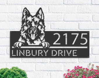 Personalized German Shepherd dog, Puppy Metal Address Sign House number Hanging Address Plaque Yard Sign Outdoor decor Garden Stake