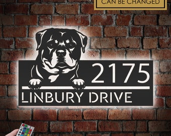 Personalized Rottweiler Metal Address Sign with LED Lights