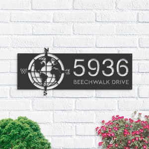 Gepersonaliseerde kompas wereldkaart wereldkaart metalen adresbord huisnummer hangend adres plaquette tuinbord bord buiten tuin bord