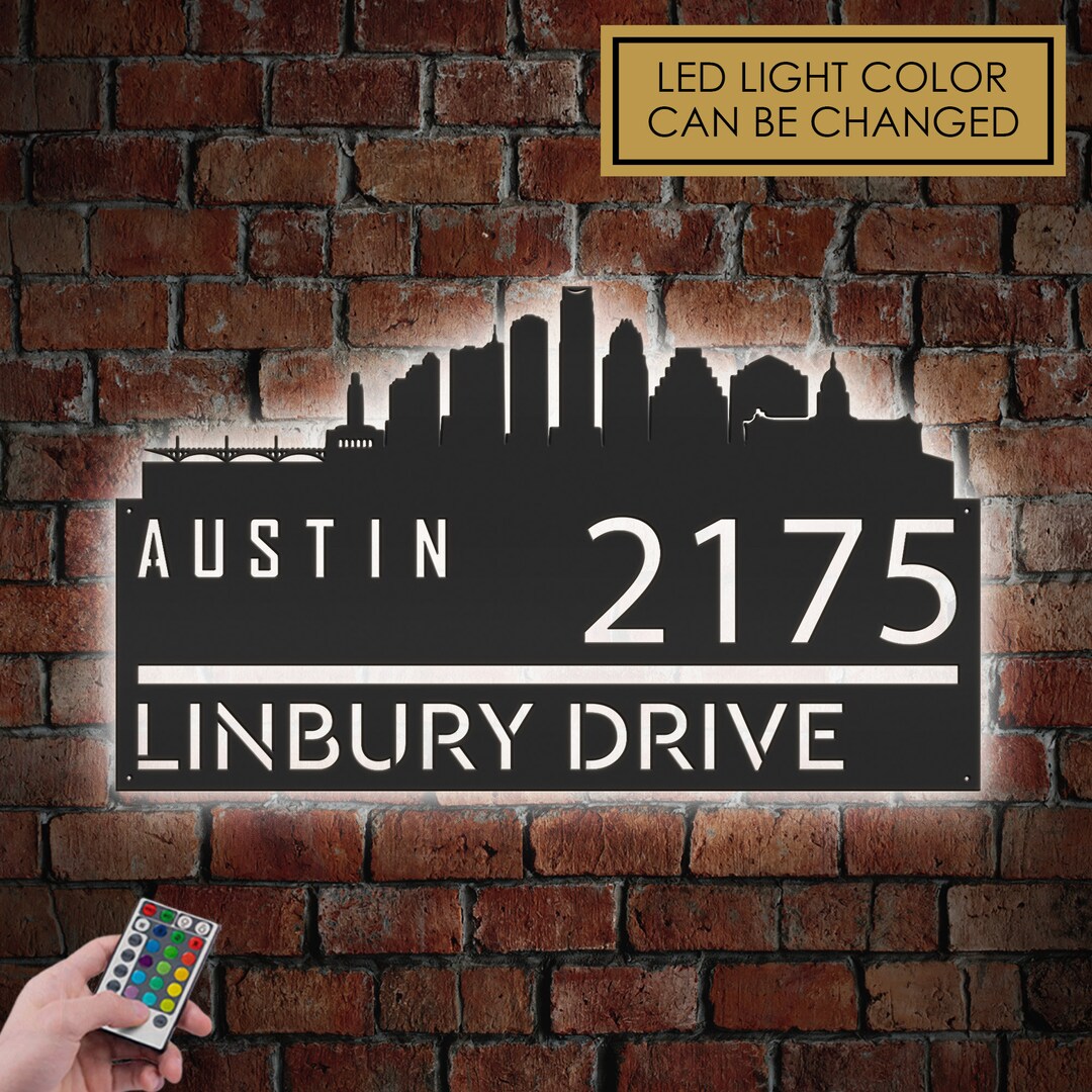 Letrero metálico personalizado con el horizonte de Austin y luces LED ...