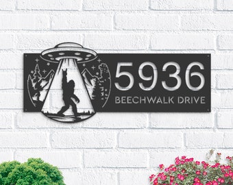 Personalized Bigfoot UFO Metal Address Sign, Custom House Number