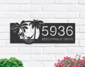 Personalized Beach Palm tree Metal Address Sign House number Hanging Address Plaque Yard Sign Outdoor Sign Garden Stake