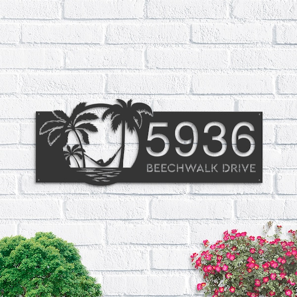 Personalized Beach Palm tree Metal Address Sign House number Hanging Address Plaque Yard Sign Outdoor Sign Garden Stake