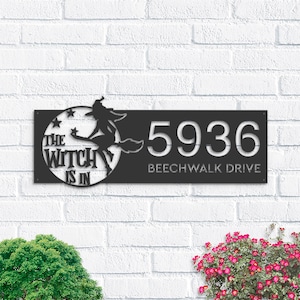 Personalized The witch is in halloween Metal Address Sign House number Hanging Address Plaque Yard Sign Outdoor Sign Garden Stake
