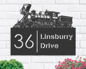 Personalized Train Metal Address Sign House number Hanging Address Plaque Yard Sign Outdoor Sign Garden Stake