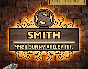 Custom Family Name Wood and Metal Address Sign with LED Lights