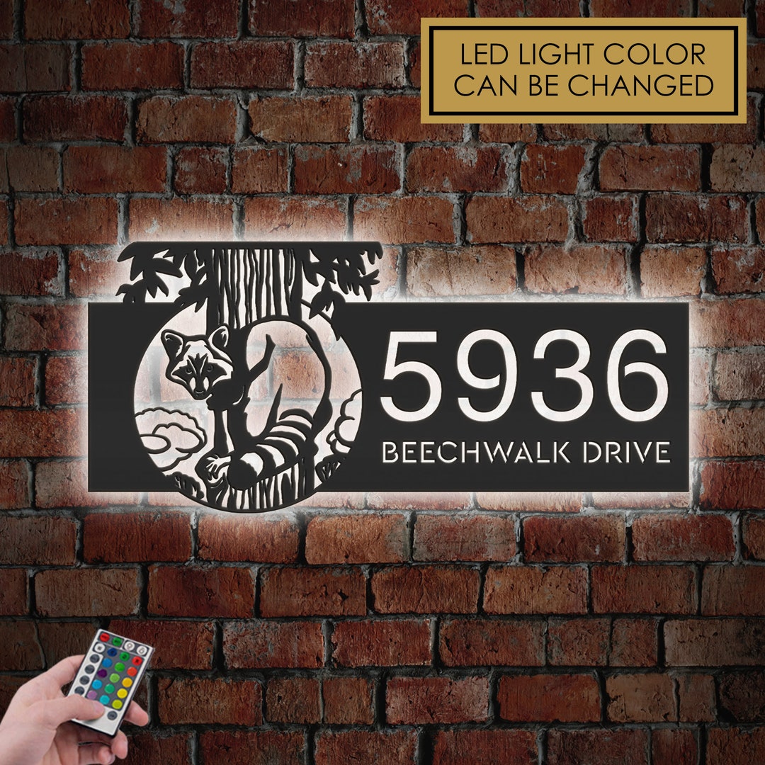 Personalized Raccoon Wildlife Metal Address Sign With LED Lights House ...