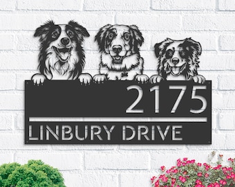 Personalized Australian Shepherd Metal Address Sign, House Number Plaque
