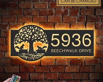 Personalized Metal Address Sign, Tree with Squirrels, LED House Number Plaque