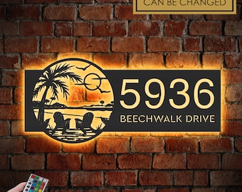 Personalized Palm Tree with Chairs on Beach Sunset Scene Metal Address Sign With LED lights House number Hanging Address Plaque
