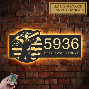 Personalized Construction worker US flag Metal Address Sign With LED lights House number Hanging Address Plaque