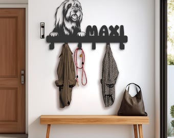 Personalized Peeking Bearded Collie Dog Metal Coat Rack, Leash Holder