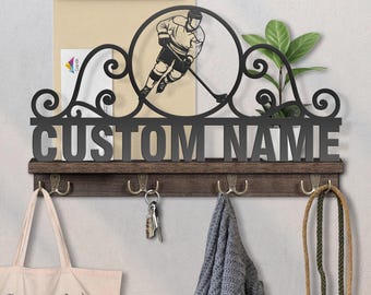 Personalized Ice Hockey Wooden Key & Mail Holder: Wall Organizer