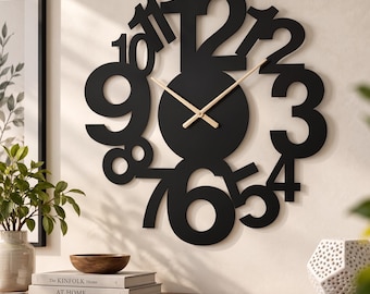 Modern Black Wall Clock - Large Frameless Number Clock - Abstract Typography Wall Art - Minimalist Cutout Clock - Contemporary Home Decor