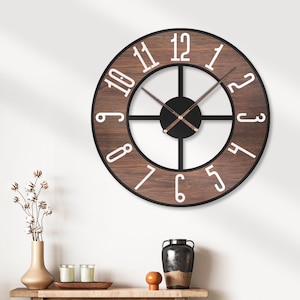 Mid Century Modern Wooden Wall Clock Large Numbers Minimalist Rustic Black Metal Wood Living Room Home Decor Farmhouse Retro Gift