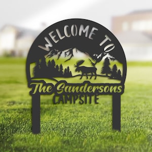 Personalized Welcome to our campsite Moose and mountain custom name camper&#39;s sign, sign with stakes outdoor adventure travel family sign