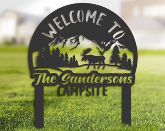 Personalized Metal Campsite Sign, Mountain Moose Decor, Custom Family Name