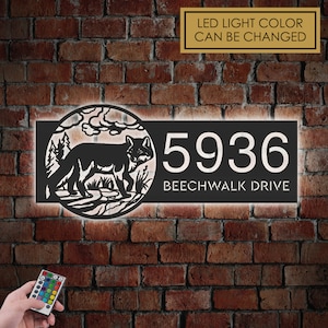 Personalized Fox wildlife Metal Address Sign With LED lights House number Hanging Address Plaque