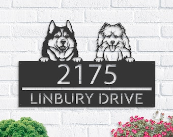 Personalized Husky & Samoyed Metal Address Sign, House Number Plaque