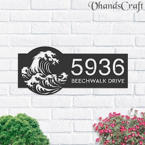 Personalized Wave Metal Address Sign House number Hanging Address Plaque Yard Sign, Outdoor Sign Garden Stake