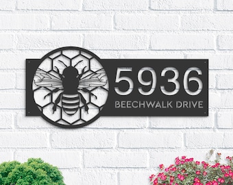 Personalized Bee Honeycomb Metal Address Sign, House Number Plaque