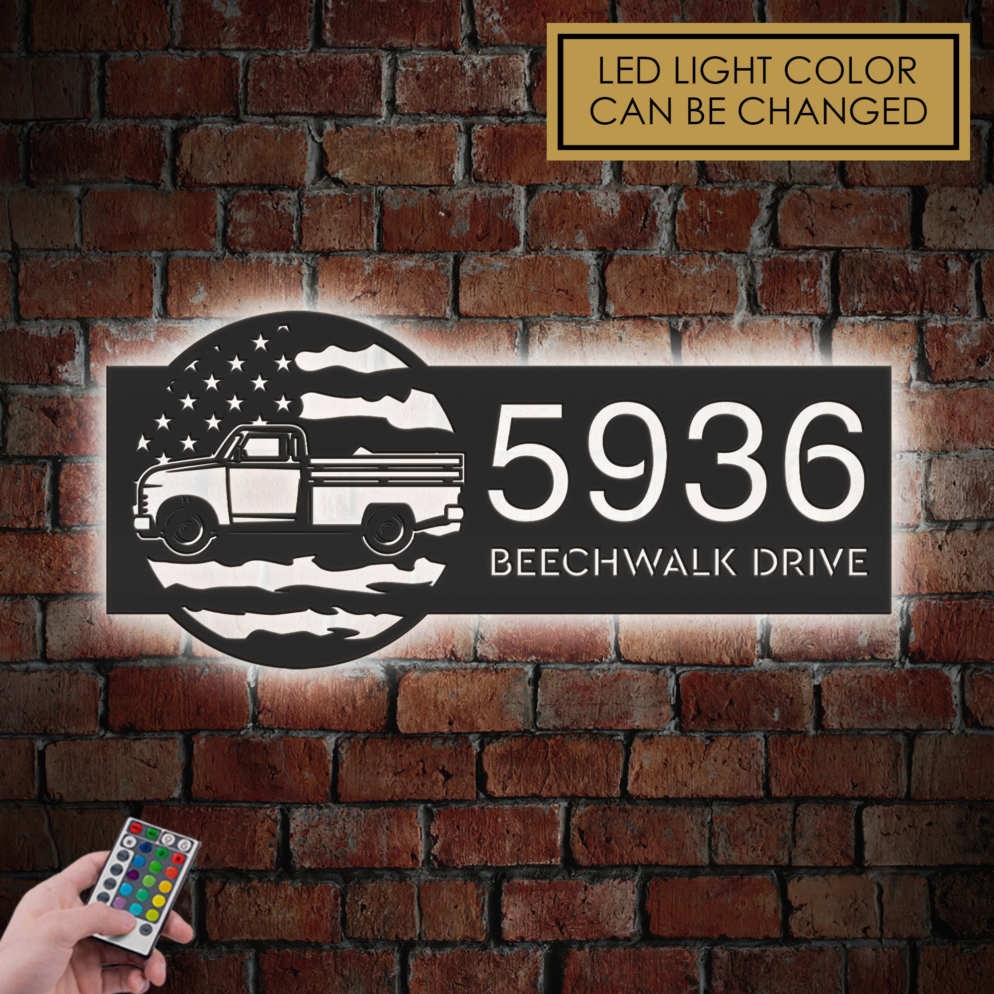 Personalized Farm trailer Farming machine on US flag Metal Address Sign With LED lights House number Hanging Address Plaque
