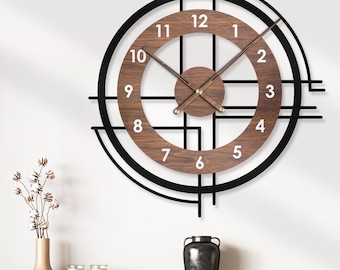 Minimalist Wooden   Unique Wall Clock Large Mid Century Modern Rustic Black Metal Wood Living Room Decorative Oversize Retro Home Decor